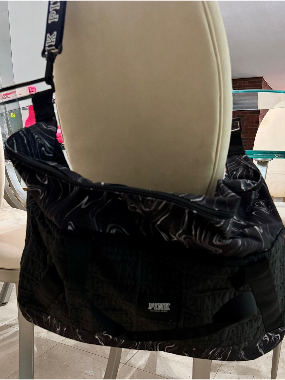 PINK Victoria's Secret Black Marble-Accent Travel Tote